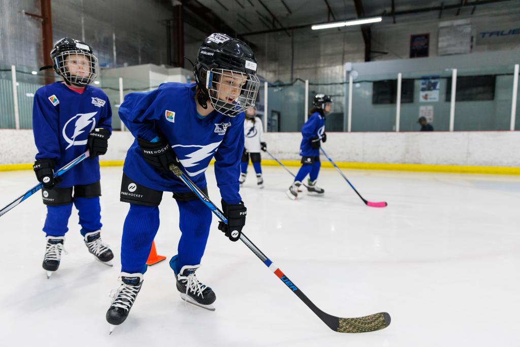 TAMPA, FL - JANUARY 29: Kids ages 5-10 participate in the Tampa Bay Lightning Learn to Play hockey program at Xtra Ice Power Pole on Sunday, January 29, 2023 in Tampa, Florida. Learn to Play is a program that provides a unique opportunity for families to join the hockey community and for participants to develop fundamental skills to help them succeed both on and off the ice.(Photo by Casey Brooke Lawson/Tampa Bay Lightning)