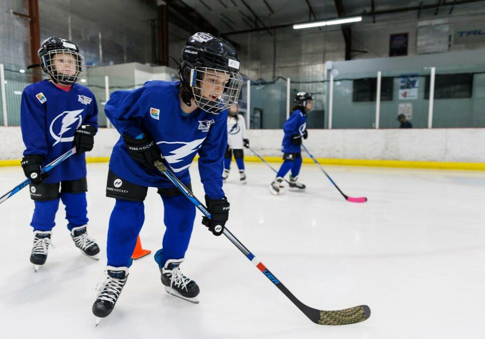 TAMPA, FL - JANUARY 29: Kids ages 5-10 participate in the Tampa Bay Lightning Learn to Play hockey program at Xtra Ice Power Pole on Sunday, January 29, 2023 in Tampa, Florida. Learn to Play is a program that provides a unique opportunity for families to join the hockey community and for participants to develop fundamental skills to help them succeed both on and off the ice.(Photo by Casey Brooke Lawson/Tampa Bay Lightning)