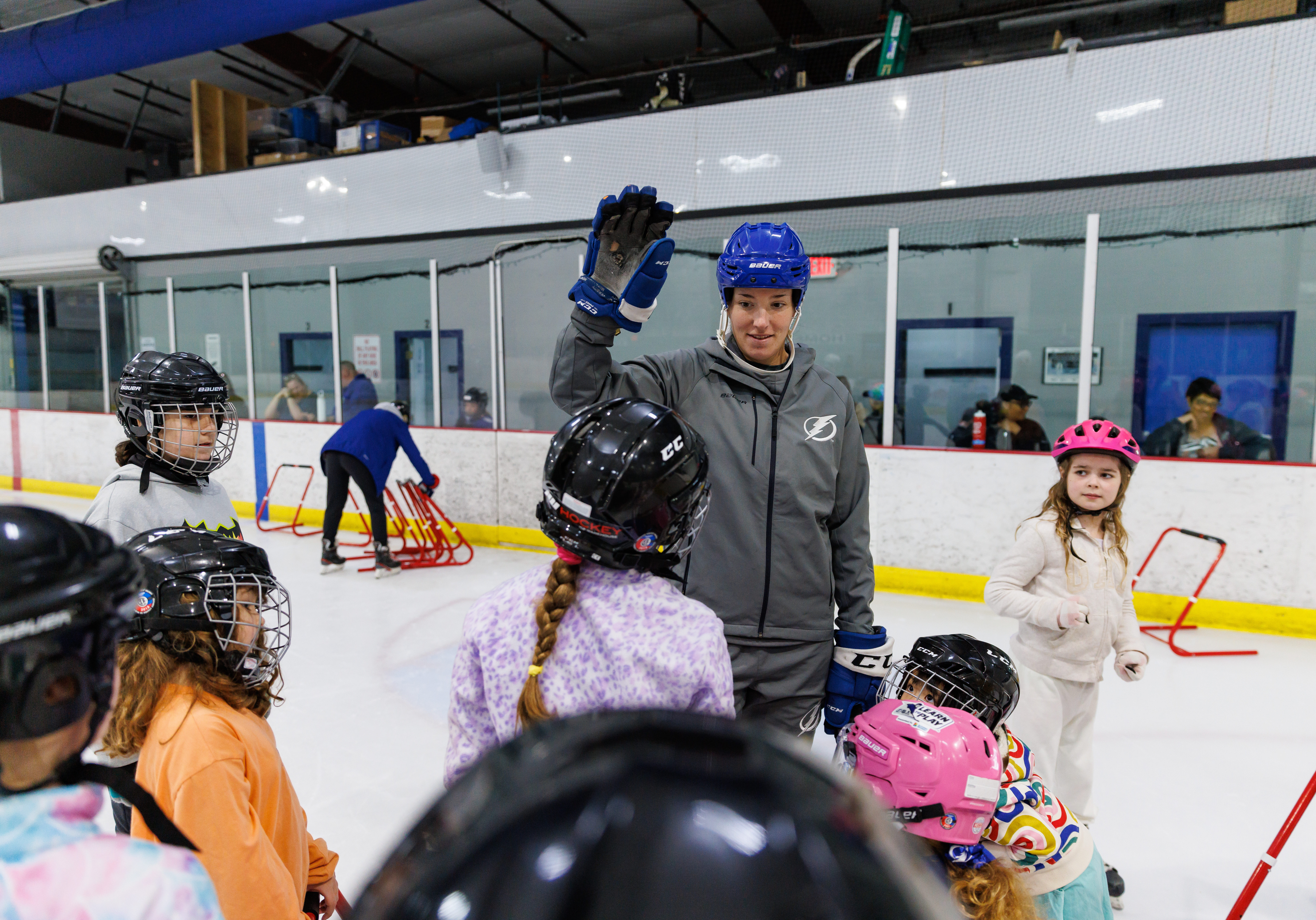 TAMPA, FL - JANUARY 29: Kids ages 5-10 participate in the Tampa Bay Lightning Learn to Skate hockey program at Xtra Ice Power Pole on Sunday, January 29, 2023 in Tampa, Florida. The Tampa Bay Lightning are committed to providing girls within Florida and the Tampa Bay Area a safe, competitive environment to grow their individual hockey skills while promoting the enjoyment, appreciation and understanding of hockey. 
(Photo by Casey Brooke Lawson/Tampa Bay Lightning)